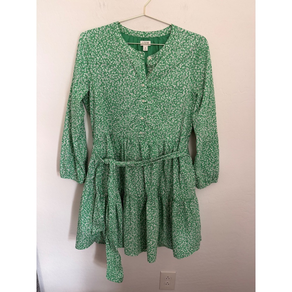 J.Crew Green & White Ditsy Floral Tiered Dress Long Sleeve Belted Pockets M